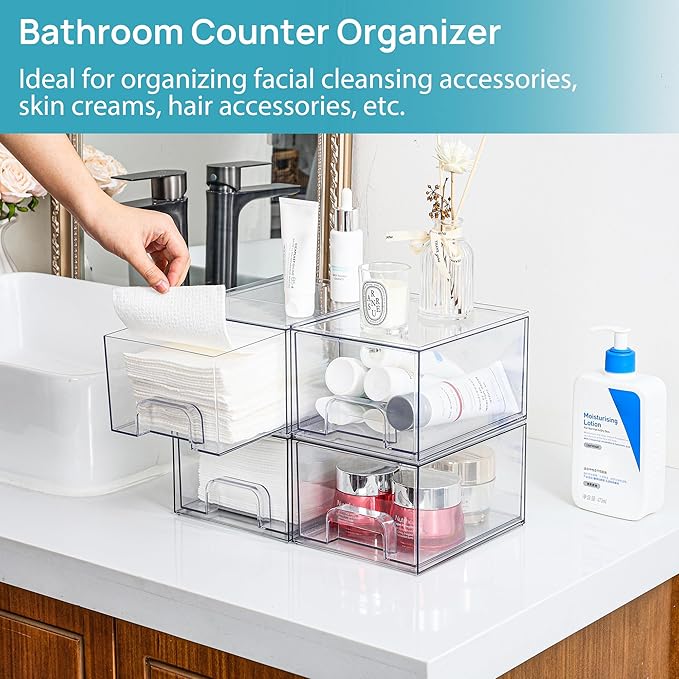 Vtopmart 4 Pack Small Clear Stackable Storage Drawers,Acrylic Bathroom Makeup Organizer,Plastic Storage Bins For Vanity, Undersink, Kitchen Cabinets, Pantry, Home Organization