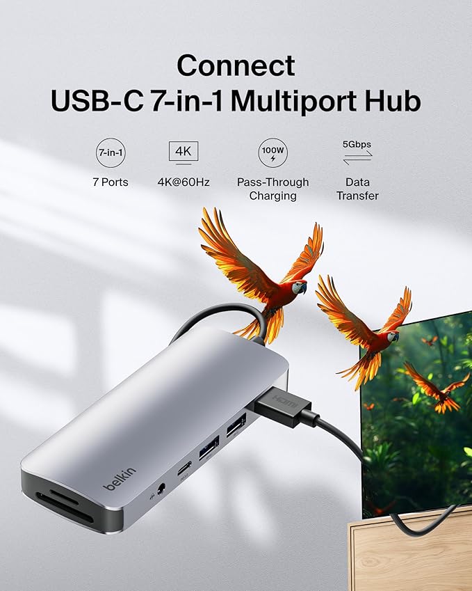 Belkin USB-C Hub, 7-in-1 Multiport Adapter - USB Docking Station with 4K HDMI, USB-C PD 3.0 Port, 2 x USB-A 3.1 Ports, SD Card & MicroSD Card Slots, & 3.5mm Audio Jack for MacBook, Air, iPad Pro, XPS