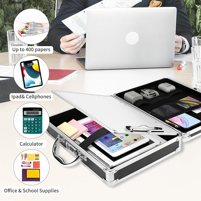 Clipboard with Storage Combination Lock Briefcase Clipboards Heavy Duty Box Metal Aluminum with Handle, Storage Clipboard Maximum Security, External & Built-in Clip Boards (Upgrade)
