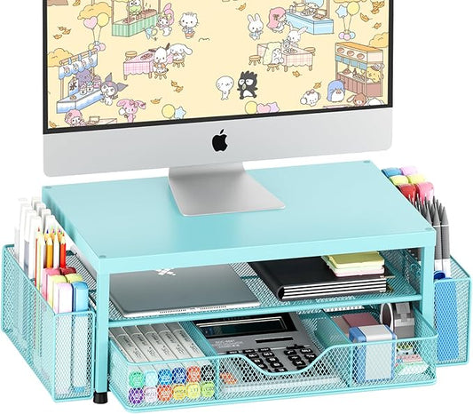 OPNICE Desk Organizers and Accessories, 2-Tier Computer Monitor Stand Riser with Drawer and 2 Pen Holders, Laptop Stand, Office Desk Accessories for Office Supplies, Teal Blue