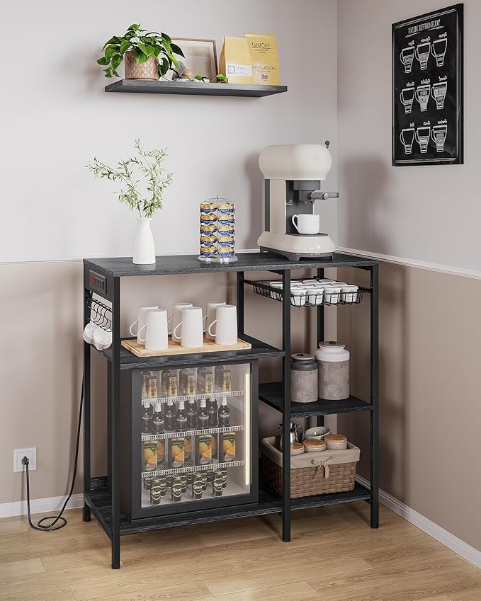 VASAGLE Baker's Rack, Coffee Bar Stand with Charging Station, 35.6 Inches Tall, Storage Shelves, Pull-Out Wire Basket, Table for Microwave, Kitchen, Charcoal Gray and Ink Black UKKS036B22