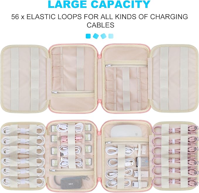 Lacdo Cord Organizer Travel, Cable Organizer Bag Case, Portable Electronics Organizer Travel Case, 6 Layer Large Capacity Charging Cords Storage organizer for Cables, SD Card, Travel Essentials, Pink