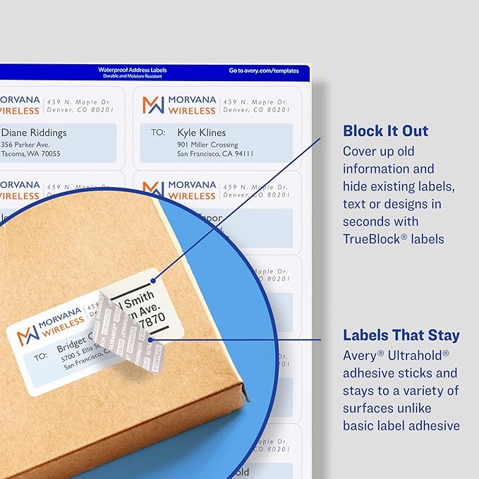 Avery Waterproof Labels with Ultrahold Adhesive, 2" x 4", Case of 500 Labels for Laser Printers (15513)
