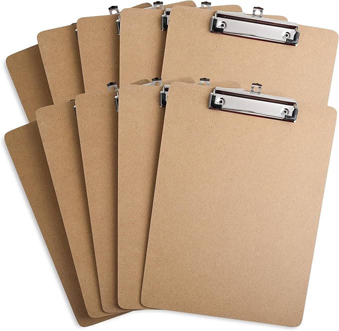 Clipboards 10 Pack Letter & A4 Size, 9" x 12.5" & 8.5" x 11" Wooden Hardboard Clipboards with Low Profile Clip, Hanging Loop for Office, Home & Classroom