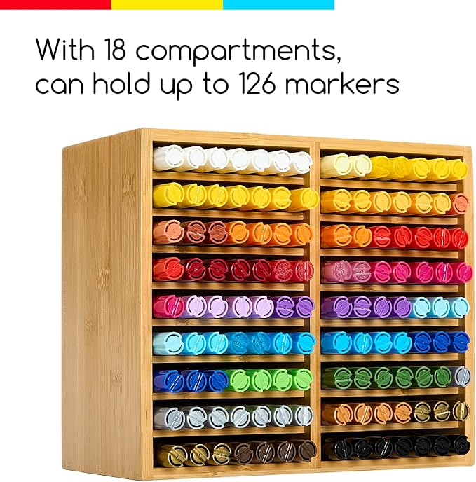 MEEDEN Bamboo Marker Holder Organizer: Holds 126 Pens with 18 Compartments- Art Supply Storage & Holder for Alcohol Markers，Pens，Pencils