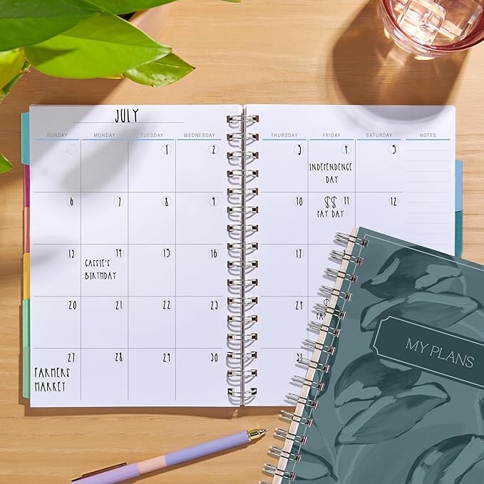 Inspired by Erin Condren A5 Undated Planner, Spiral Bound Daily & Weekly Planner with Monthly Tabs, Portable Organizer for Productivity, Goal Setting, Includes Sticker Sheets, Green Leaves Design