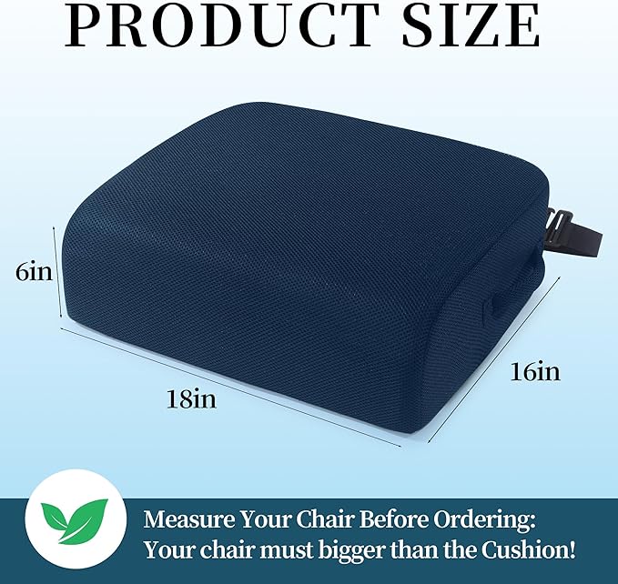 MABOZOO Extra Thick Chair Cushions, Office Chair Booster Seat Cushion to Raise Seat Height for Pain Relief,18 x 16 x 6 inch Non Slip Memory Foam Thick Cushion with Carry Handle（Navy Blue）