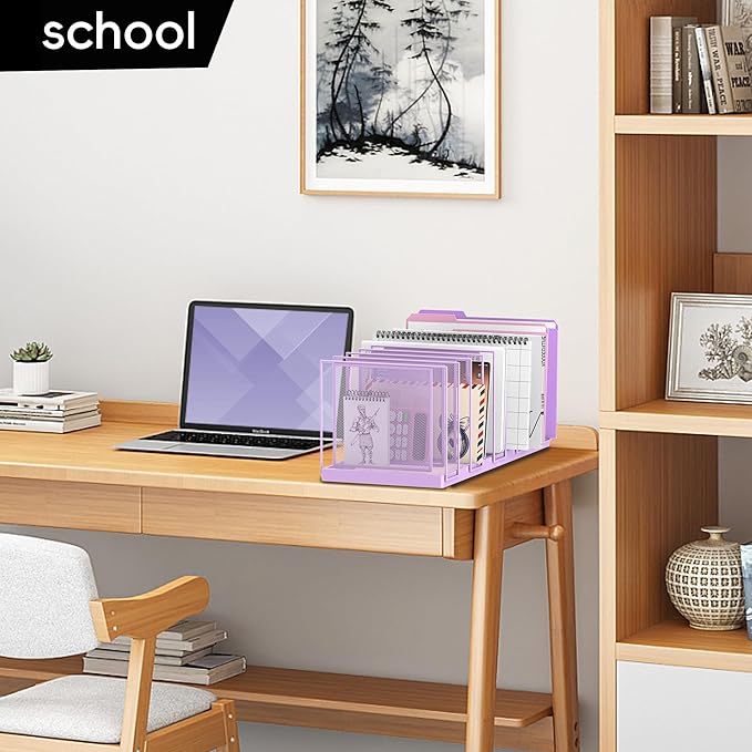 9-Section Desk File Organizer, Vertical File Holder, Mesh Desktop File Folder Metal File Organizer Stand for Office Home Classroom, Purple
