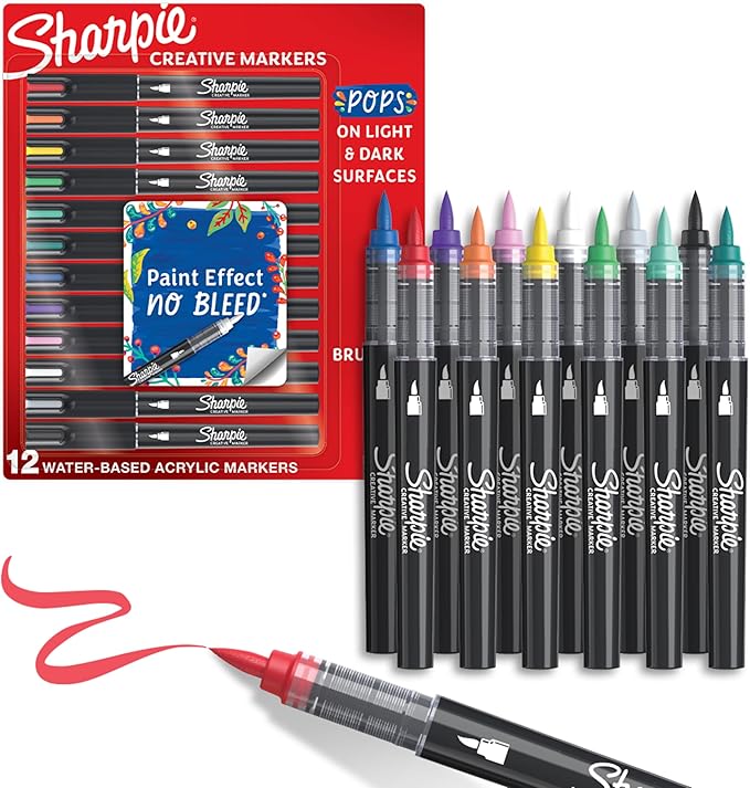 Sharpie Creative Markers, Water-Based Acrylic, Brush Tip, Assorted Colors, 12 Count – Arts & Crafts, Kids Activity, School Classroom; Works on Paper, Metal, Wood, Ceramic, Glass, Rock, Canvas