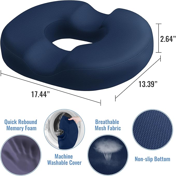 CloudBliss Donut Pillow Seat Cushion for Tailbone Pain Relief and Hemorrhoids, Memory Foam Chair Cushion for Postpartum Pregnancy, Seat Cushions for Men and Women for Home & Office, (Blue)