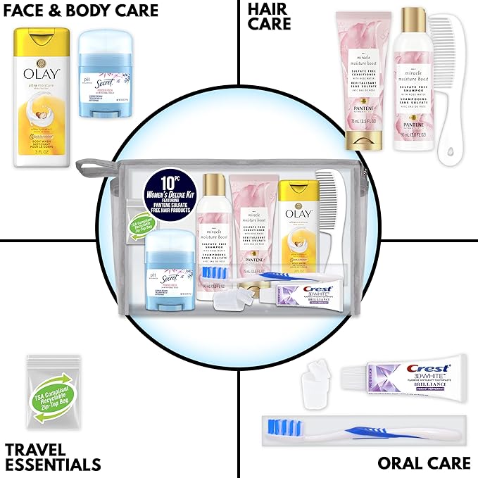 Convenience Kits International Women’s Deluxe Kit 10 PC Kit Featuring: Sulfate Free Hair, Face & Body, Oral Care, Travel-Size Travel Essentials