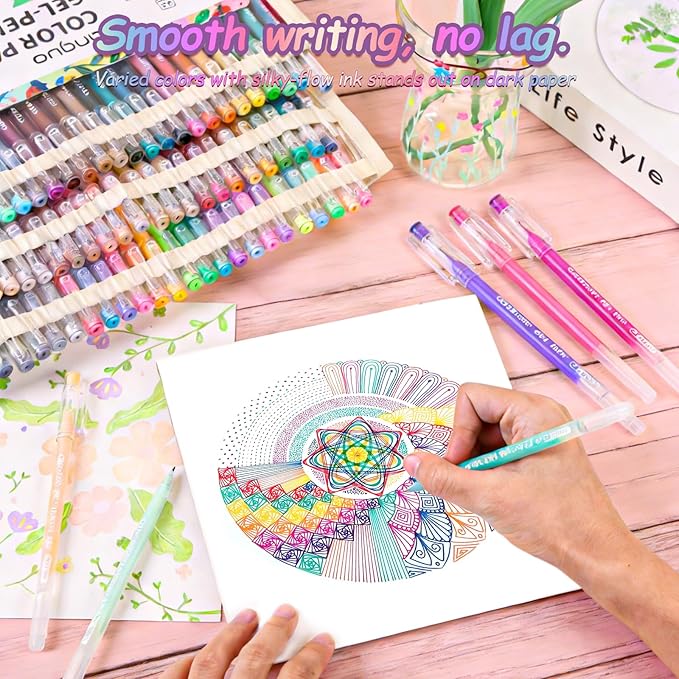 Gel Pens For Coloring, 99 Colors Gel Colored Pens Marker for Adult Coloring Books, 0.6mm Fine Point Pens for Black Paper, Writing, Journaling, Drawing, Art Supplies