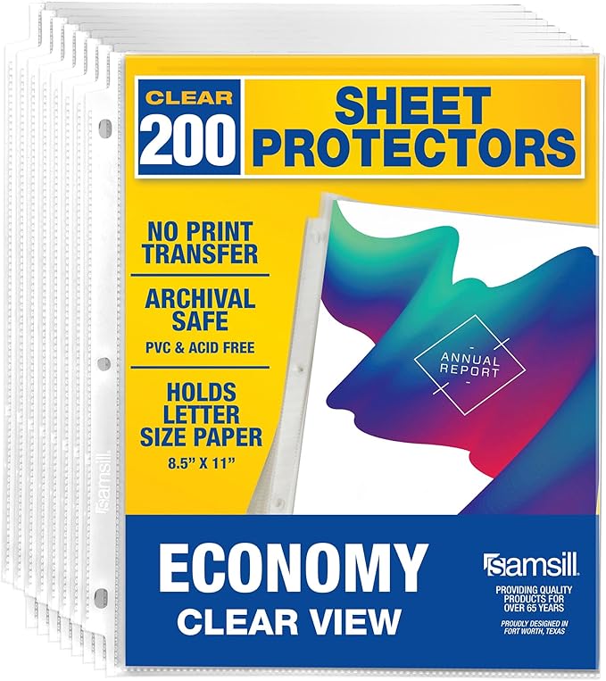 Samsill 200 Pack Sheet Protectors, 8.5x11 Inch Page Protectors for 3 Ring Binder, Standard Weight, Clear Protector, Letter Size, Top Loading, Acid Free
