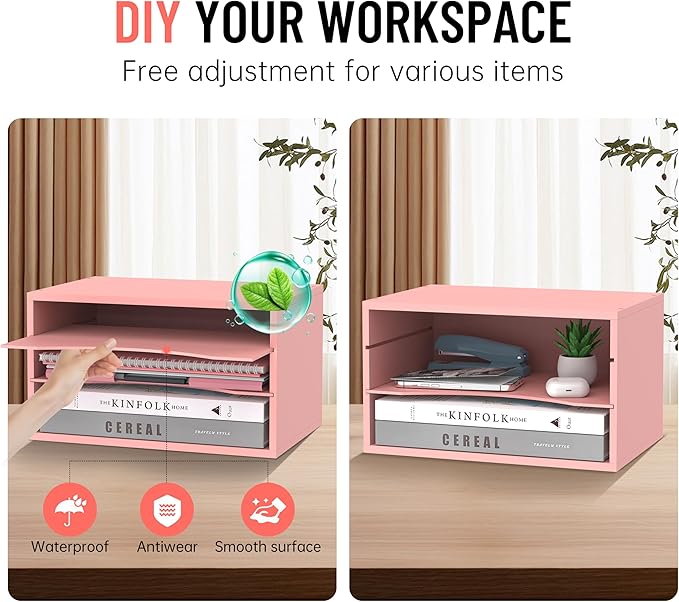 Wood Desk Organizer, 3 Tier Paper Tray Organizer for Desk with Adjustable Storage Shelves, Desktop File Organization Paper Sorter Mail Holder for Office Home Classroom, Pink