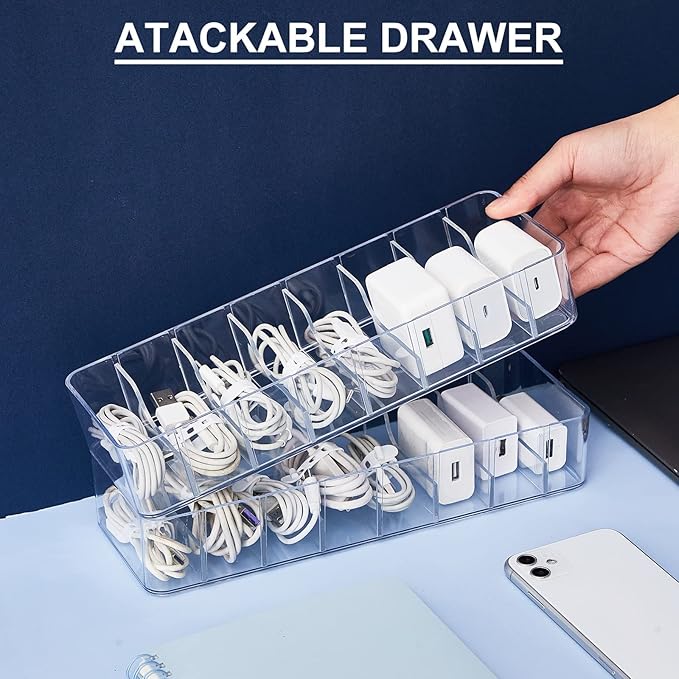 Tatuo 8 Pcs Cable Organizer with 80 Wire Ties, Plastic Cord Storage Charger Box Electronics Organizer with Adjustment Compartments Cable Storage for Drawer Home Office Desk Accessories (Clear)