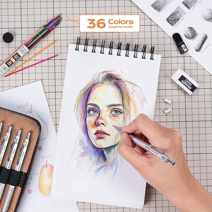 Nicpro 20PCS Metal Mechanical Pencil Set in Leather Case, Art Drafting Pencil 0.3, 0.5, 0.7, 0.9 mm & 2mm Lead Holders, 9 Tube (4B 2B HB 2H Colors) Lead Refills, Erasers For Sketching Drawing