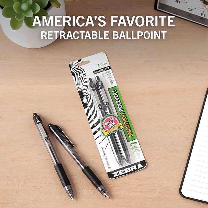 Zebra Pen Z-Grip Retractable Ballpoint Pen, Medium Point, 1.0mm, Black Ink, 2-Count