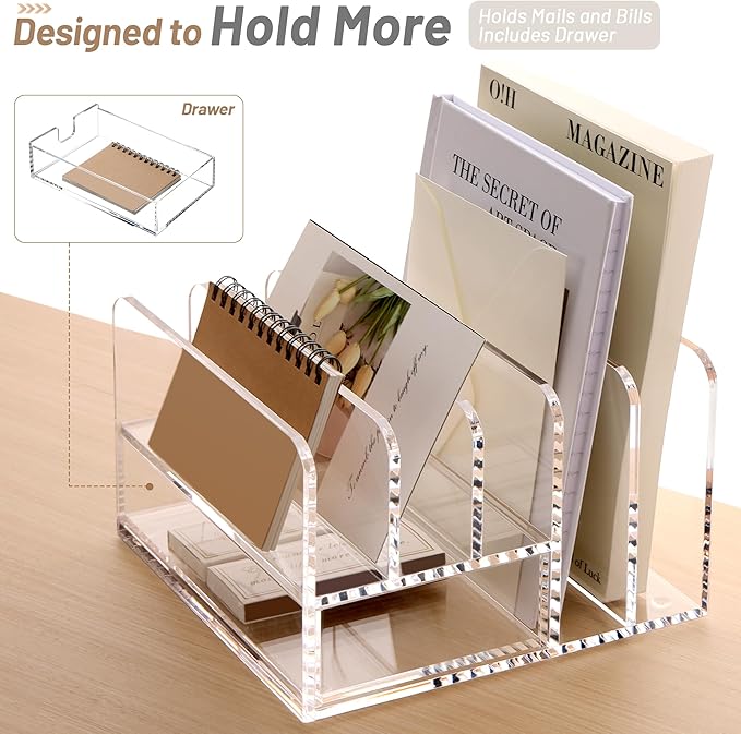 SANRUI Desk Organizers and Accessories, Acrylic Mail Organizer Countertop, 5-Slots File Sorter with Drawer, Desktop Organizer for Office Supplies