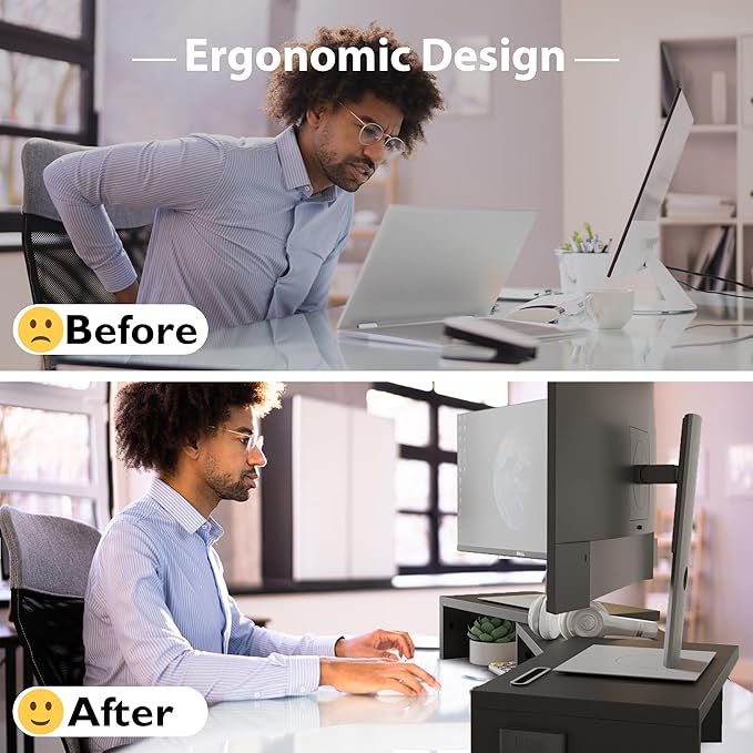 BONTEC Dual Monitor Stand Riser with Smartphone Holder, Adjustable Length & Swivel Angle, Ergonomic Wooden Desktop Organizer for PC Monitor, Laptop, Printer, Large Storage, Black
