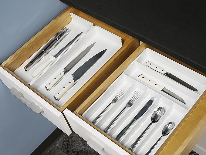 Simple Houseware Expandable & Adjustable Cutlery Drawer Organizer - Large Utensil and Flatware Tray for Kitchen Drawers, White