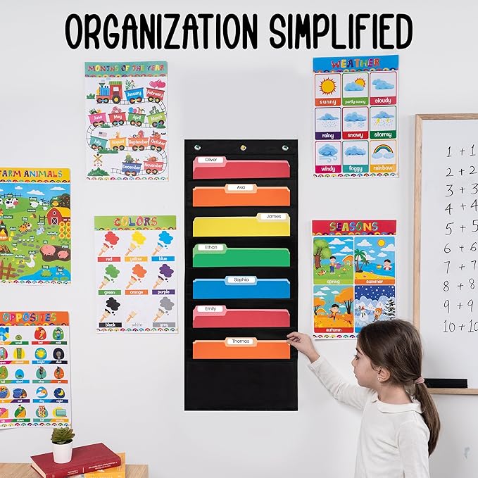 Essex Wares - 7 Pocket File Pocket Chart, Black, Tall - Versatile Wall Hanging File Folder Organizer for Classroom, Office, Home, and More - Wall Folder Organizer - 7 Pockets