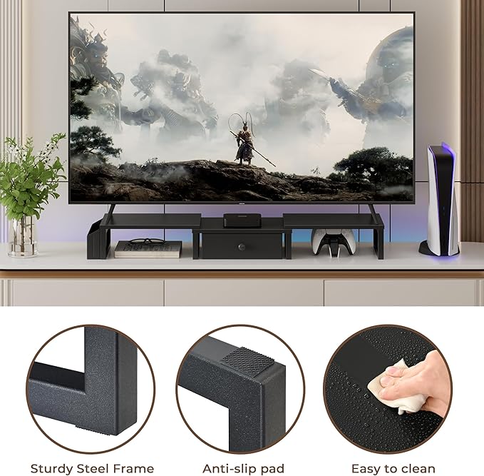 LAND·VOI Dual Monitor Stand with Drawer and Side Pockets, Monitor Riser for Desk, Home Office Desk Storage, Multi-Scenario Adaptation for Work and Entertainment, Black, HMS02BK
