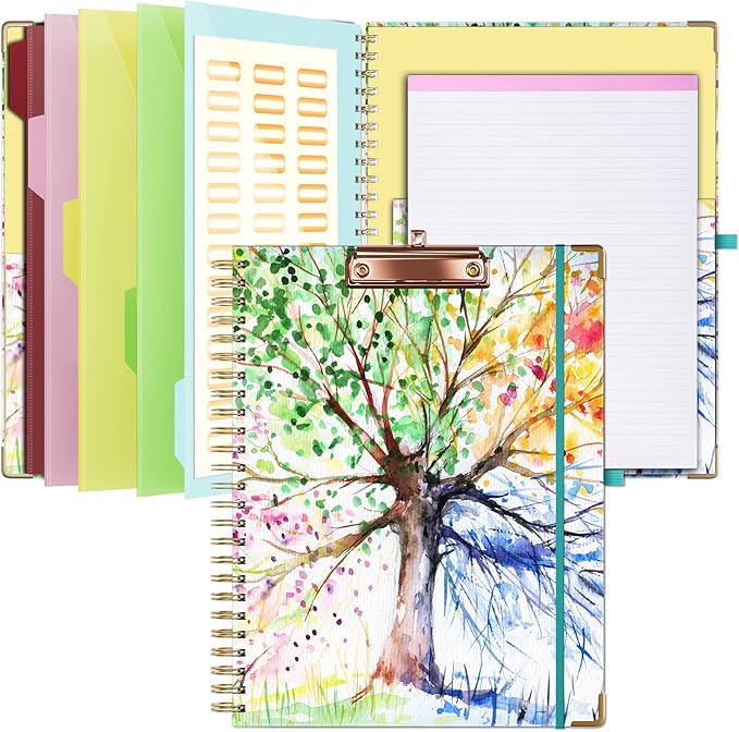 Ospelelf Clipboard with Storage 8.5 X 11，Padfolio Organizer, Spiral Portfolio Letter Size with Notepad, Pen Holder, 5 Extra Folder Divider Pages, Elastic Closure Nurse Office Essentials (Tree Seasons)