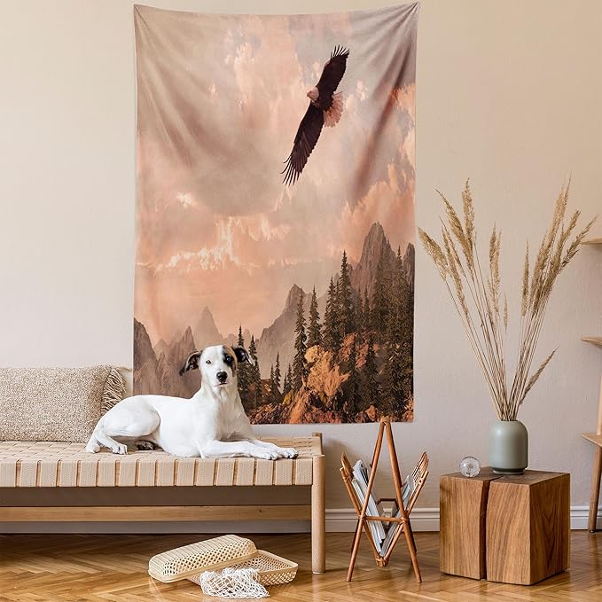 Ambesonne Eagle Tapestry, Nature Photography of Rocky Mountains and Forest a Bird Flying over It, Fabric Wall Hanging Decor for Bedroom Living Room Dorm, 30" X 45", Rose Green