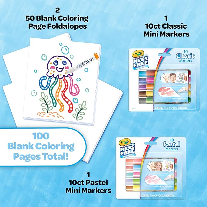 Crayola Color Wonder Mess Free Coloring Kit (120ct), 100 Mess Free Coloring Pages & 20 Mini Markers, Toddler Travel Activity, Gift for Toddlers