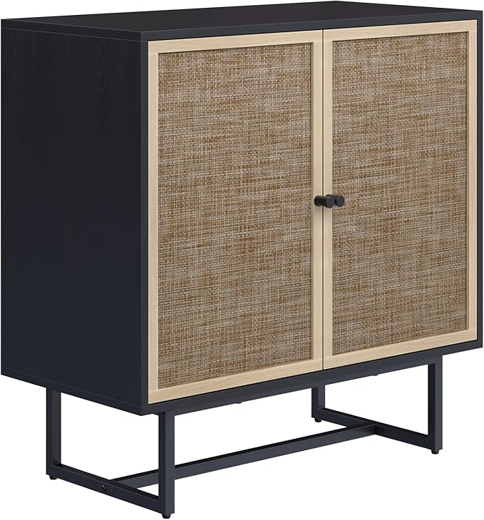 Nathan James Kova Rattan Wood Accent Sideboard Storage Cabinet TV Stand with Matte Metal Frame, Adjustable Shelves and Cane Doors, for Hallway, Entryway or Living Room, Black Oak/Cane, Set of 3