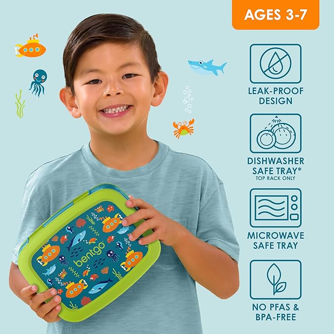 Bentgo Kids Prints Leak-Proof, 5-Compartment Bento-Style Kids Lunch Box - Ideal Portion Sizes for Ages 3-7, Durable, Drop-Proof, Dishwasher Safe, & Made with BPA-Free Materials (Submarine)