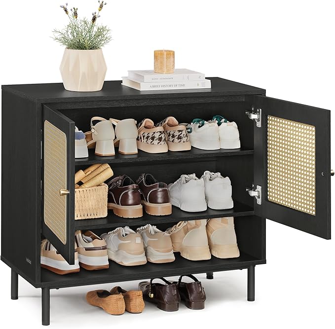 VASAGLE Natural Rattan 3-Tier Shoe Cabinet, 16 Pair Shoe Storage Cabinet, Boho Style Shoe Organizer with Height-Adjustable Shelves and Steel Legs, for Entryway, Closet, Hallway, Ash Black ULBC049B01