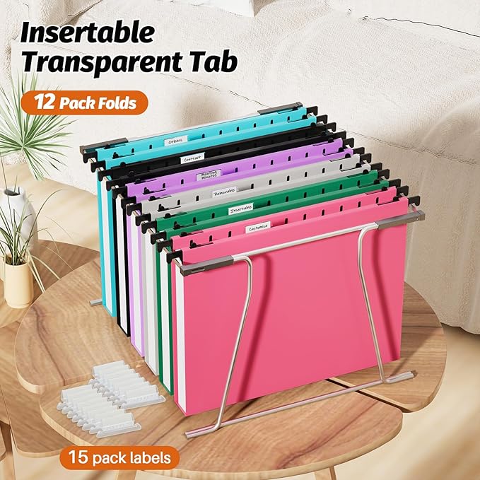 Extra Capacity Plastic Hanging File Folders,12 Pack Reinforced Hang Folder,Heavy Duty 1 Inch Expansion,Filing Cabinet Folders Letter Size for Bulk Files/Medical Charts (No Sealed, Assorted Colors)