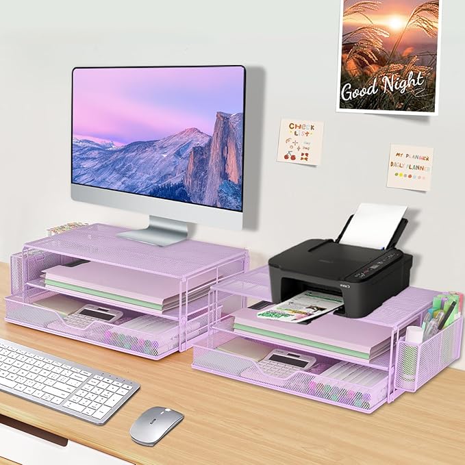 AUPSEN Computer Monitor Stands Riser，2-Tier Desk Organizers and Accessories, Office Desk Accessories Organizer with Drawers and 2 Pen Holder for Office Supplies (Purple)