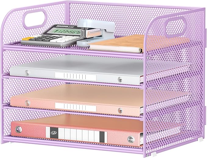 Lavatino 4-Tier Paper Organizer Trays - Purple Mesh File Folder Sorter with Handles, Desk Letter Holder Organizer for Office, Home, School Supplies Storage & Organization