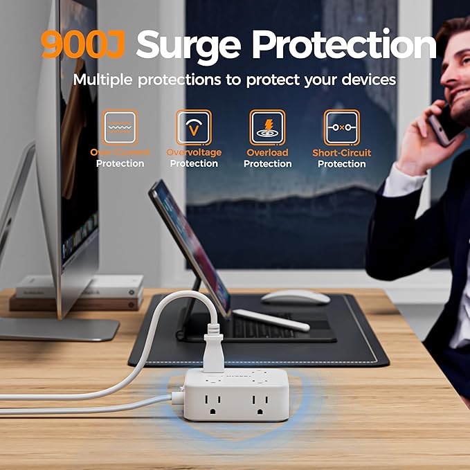 TESSAN 10 Ft Flat Plug Extension Cord with Multiple Outlets, Surge Protector Power Strip with 3 USB(1 USB C) 8 Outlets, 900J Protection, Desk Charging Station for Home, Dorm Room Essentials, White