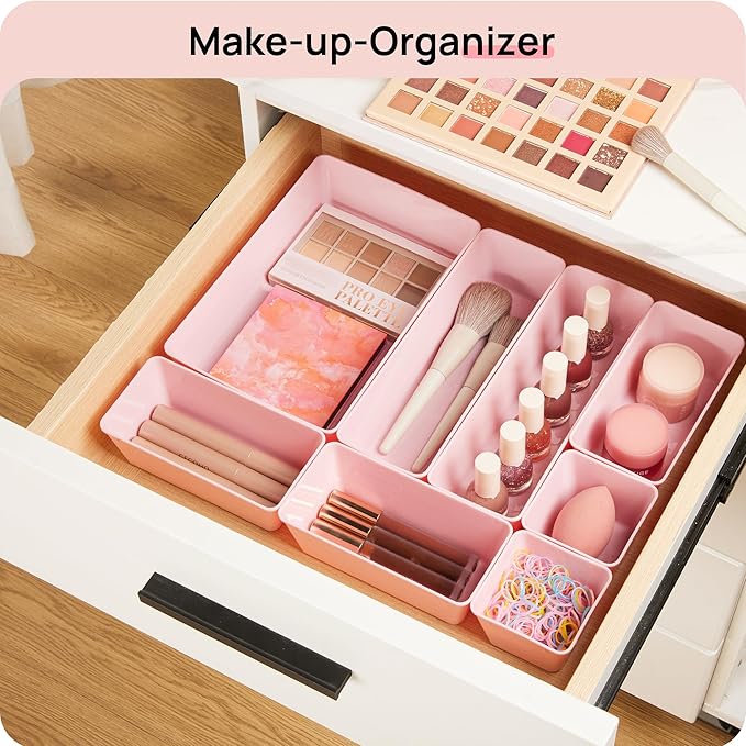 Vtopmart 25 PCS Plastic Drawer Organizers Set, 4-Size Versatile Bathroom and Vanity Drawer Organizer Trays, Storage Bins for Makeup, Bedroom, Kitchen Gadgets Utensils and Office