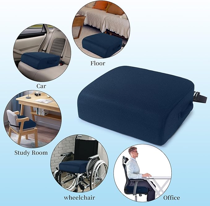 MABOZOO Extra Thick Chair Cushions, Office Chair Booster Seat Cushion to Raise Seat Height for Pain Relief,18 x 16 x 6 inch Non Slip Memory Foam Thick Cushion with Carry Handle（Navy Blue）
