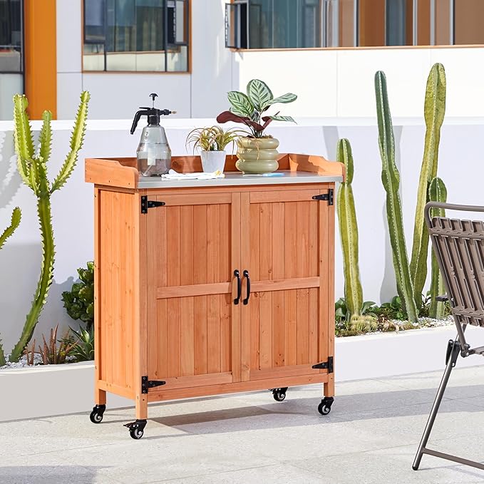 Yaheetech Garden Potting Bench Table - Outdoor Garden Patio Wooden Storage Cabinet & Solid Wood Planting Work Bench with Large Space Storage & Metal-Plated Tabletop, Brown