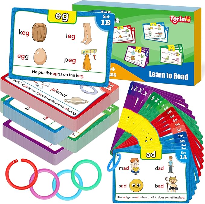 Torlam Phonics Flash Cards Learn to Read Spelling Reading Sight Words Phonics Games, Digraphs CVC Blends Long Vowel Sounds Kids Dolch Fry Site Words for Pre-k Kindergarten 1st 2nd 3rd Homeschool
