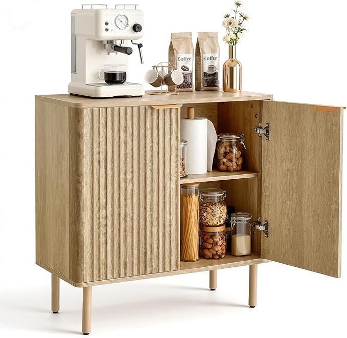 VEVOR Buffet Cabinet, Sideboard Cabinet with 2-Tier Storage, Coffee Bar Cabinet with Adjustable Shelves, Fluted Sideboard Buffet for Hallway, Entryway, Living Room, or Kitchen, Oak
