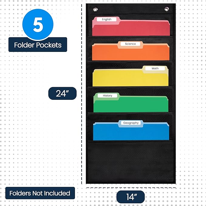 Essex Wares - 5 Pocket File Pocket Chart, Black, 14" Wide x 24" Tall - Versatile Wall Hanging File Folder Organizer for Classroom, Office, Home, and More - Wall Folder Organizer - 5 Pockets