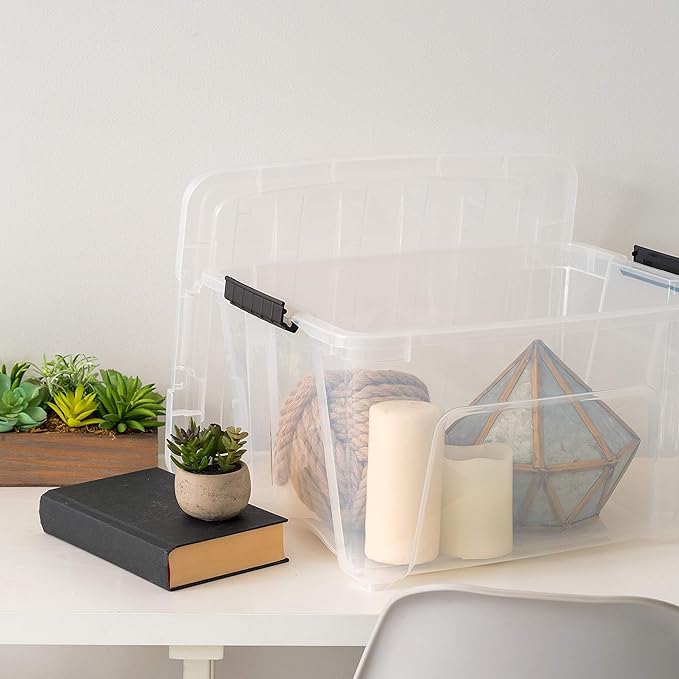 IRIS USA 32 QT Plastic Storage Box with Lid and Latches - 6 Pack - BPA-Free, See-Through Organizing Solution, Durable Nestable Stackable Containers, Secure Pull Handle - Clear