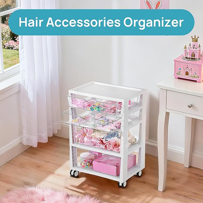 Vtopmart Plastic Drawer Storage Rolling Cart with Wheels, 4-Tier Drawer Organizer for Art Crafts Supplies, Home Office Supplies, Toys, Under Desk Storage for Office, Craft Room, Bedroom, Classroom