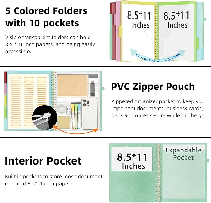 Ospelelf Leather Clipboard Folders with with Storage Zipper Pouch, Spiral Clipboard Folio with Notepad for Letter Size, 5 Folders with 10 Pockets, 39 Divider Label Stickers (Light Green)