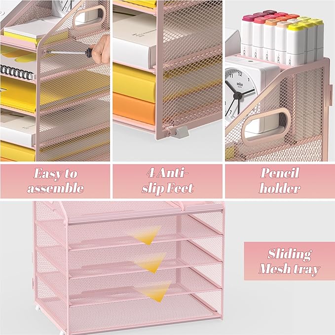 Letter Tray Paper, 5 Tier Desk Organizer with Pen Holder and Handle, Mesh File Organizer Paper Sorter Metal Desktop Document Shelf for Office Home Classroom - Pink