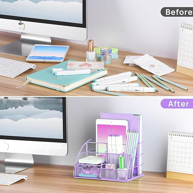 Purple Desk Organizers and Accessories Office Supplies Set Stapler, Pen Holder, Phone Holder, Scissors, Pen, Ruler, 30 Paper Clips, 22 Binder Clip, 20 Tacks and 1000pcs Staples