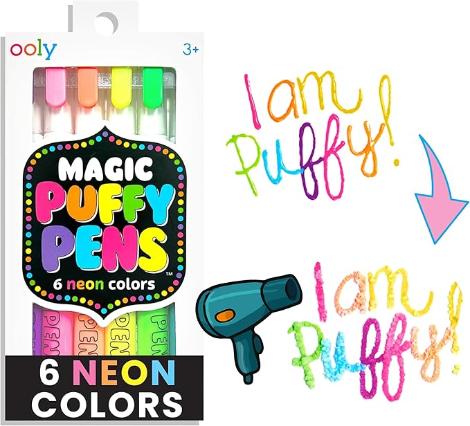 Ooly Puffy Paint Neon Gel Pens Set of 6, 3D Foam Texture Painting Magic Puffy Pen, Creative and Fun Pens for Kids Arts and Crafts Drawing Supplies