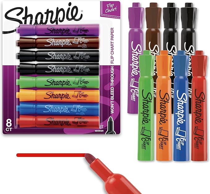 Sharpie Flip Chart Markers, Bullet Tip, Assorted Colors, 8 Count - Low-Odor, Squeak-Free, Home, Office, Back to School, Teacher Supplies