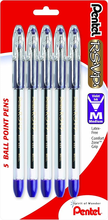 Pentel R.S.V.P. Ballpoint Pen, Medium Line, Violet Ink, 5 Pack (BK91BP5V)